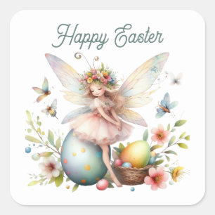 Cute watercolor Happy Easter fairy Square Sticker