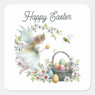 Cute watercolor Happy Easter fairy Square Sticker