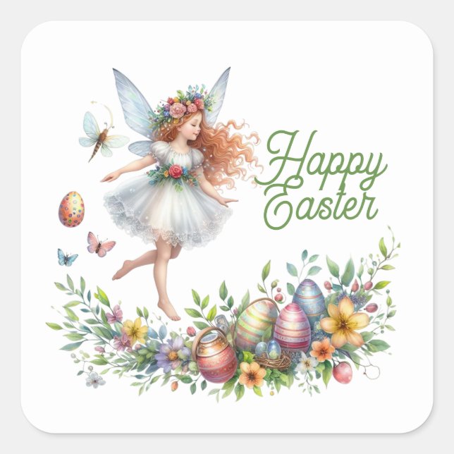 Cute watercolor Happy Easter fairy  Square Sticker (Front)