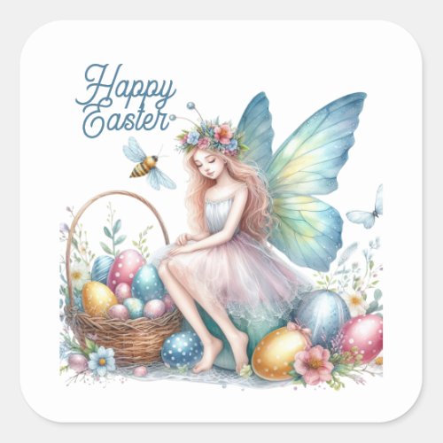 Cute watercolor Happy Easter fairy  Square Sticker