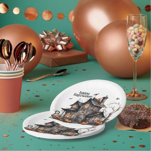 Cute Watercolor Haunted House Halloween Paper Plates