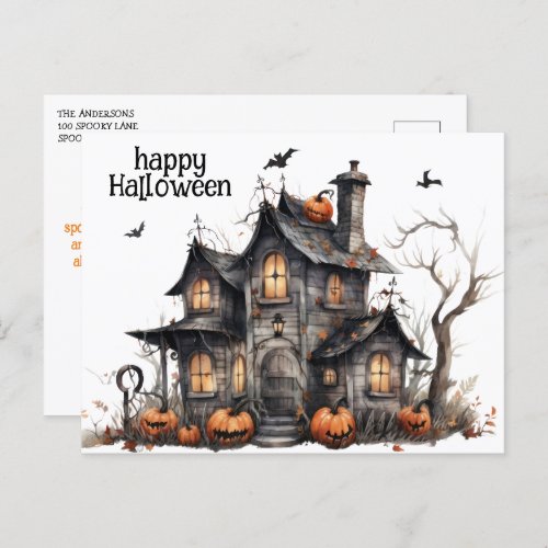Cute Watercolor Haunted House Halloween Postcard