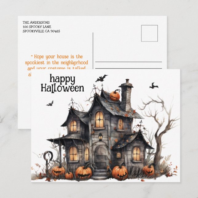 Cute Watercolor Haunted House Halloween Postcard (Front/Back)