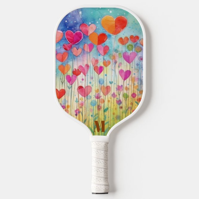Cute Watercolor Heart Balloons Modern Monogram  Pickleball Paddle (Front)