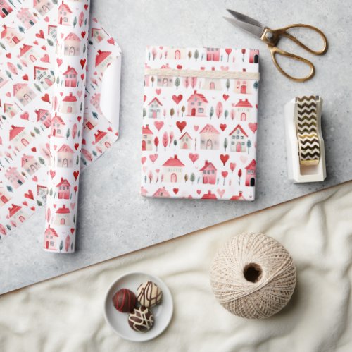 Cute Watercolor Heart Houses Pattern Wrapping Paper