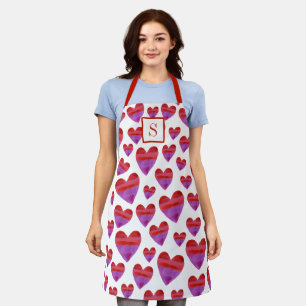 Cute Watercolor Heart Pattern Monogram Kitchen Apron
