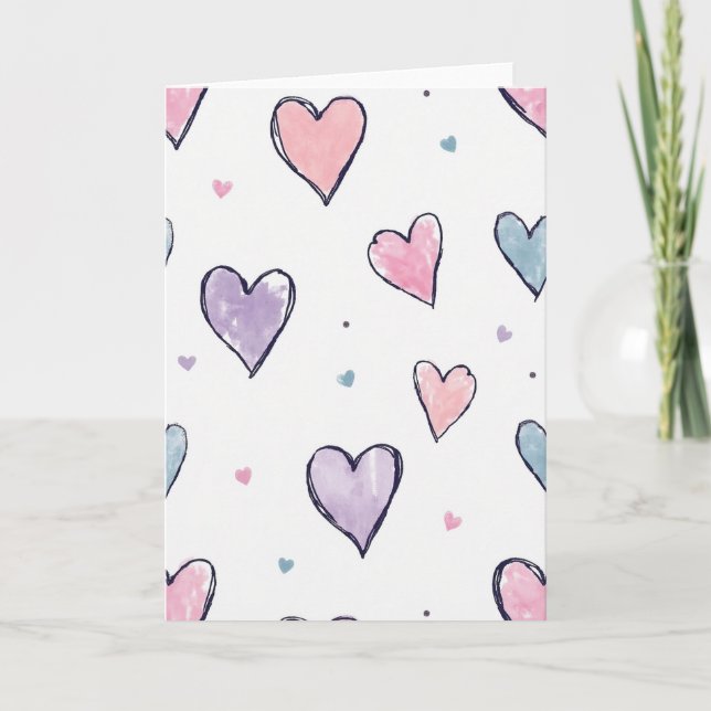 Cute Watercolor Hearts Card (Front)