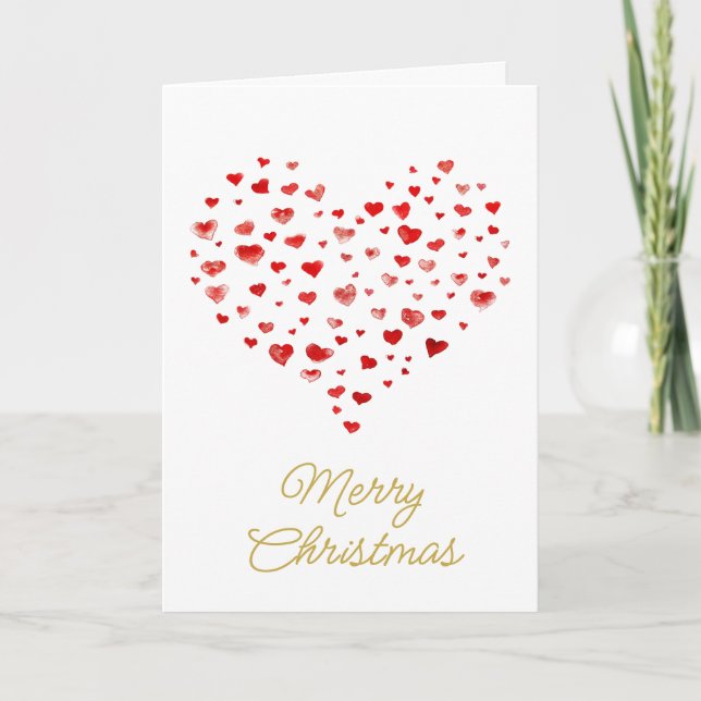 Cute Watercolor Hearts Merry Christmas Holiday Card (Front)