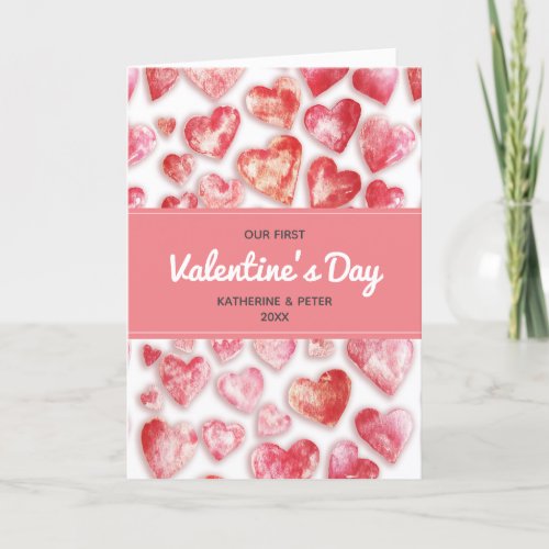 Cute Watercolor Hearts Our First Valentines Day Holiday Card