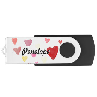 Cute Watercolor Hearts Pattern and Your Name Flash Drive