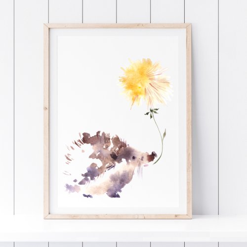 Cute Watercolor Hedgehog and Flower Nursery Poster