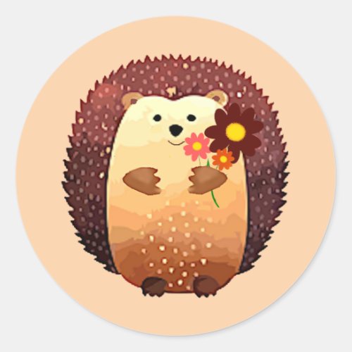Cute Watercolor Hedgehog Animal  Flowers Classic Round Sticker