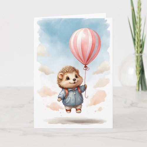 Cute Watercolor Hedgehog Big Red Balloon Blank Card