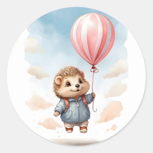 Cute Watercolor Hedgehog Big Red Balloon Nursery  Classic Round Sticker