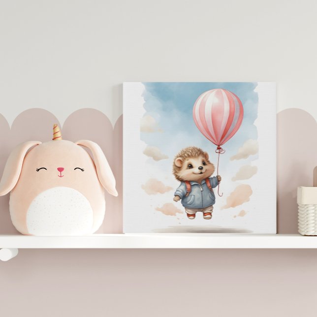 Cute Watercolor Hedgehog Big Red Balloon Nursery  Faux Canvas Print (Creator Uploaded)