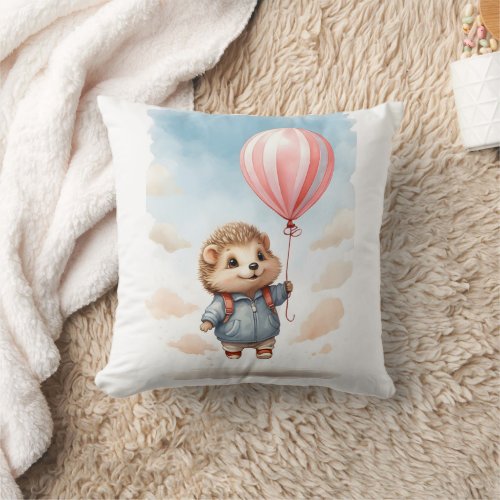 Cute Watercolor Hedgehog Big Red Balloon Nursery  Throw Pillow