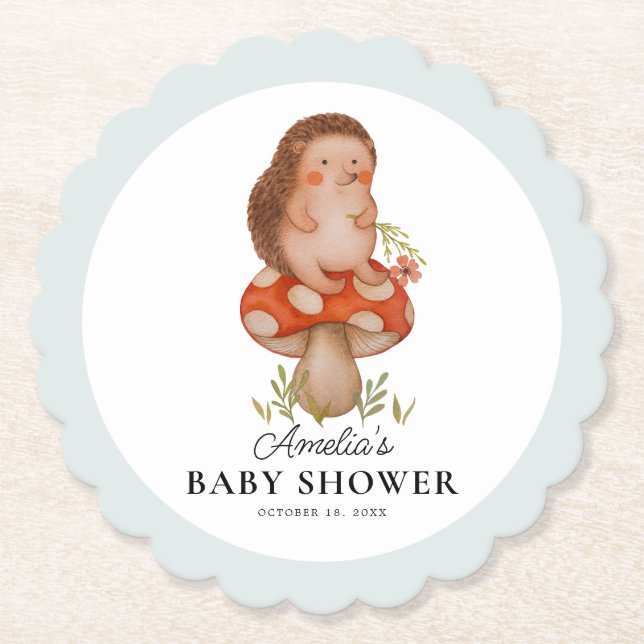 Cute Watercolor Hedgehog Blue Baby Shower Paper Coaster (Front)
