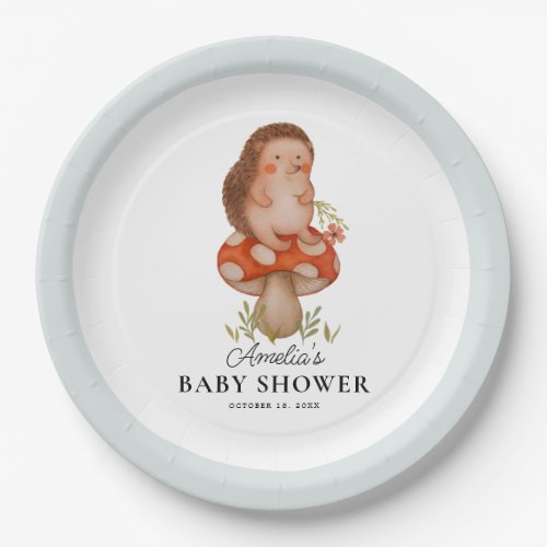 Cute Watercolor Hedgehog Blue Baby Shower Paper Plates