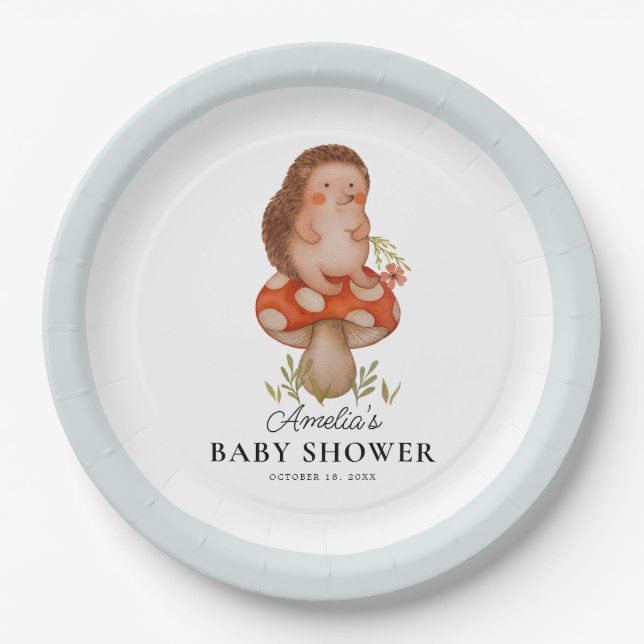 Cute Watercolor Hedgehog Blue Baby Shower Paper Plates (Front)
