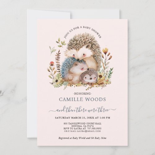 Cute Watercolor Hedgehog Family Pink Baby Shower  Invitation