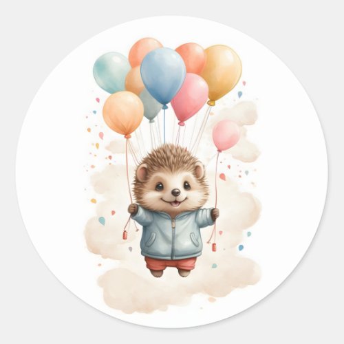 Cute Watercolor Hedgehog Floating in Air Classic Round Sticker