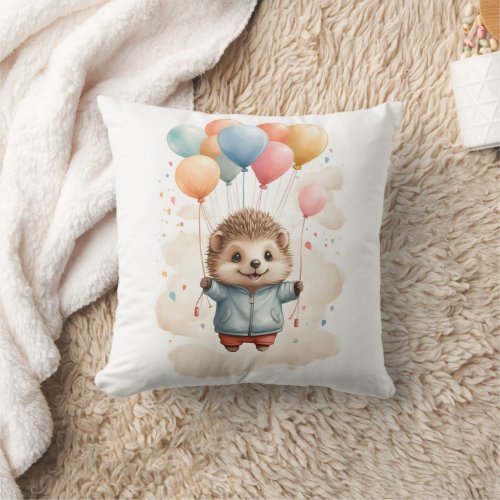 Cute Watercolor Hedgehog Floating in Air Nursery  Throw Pillow