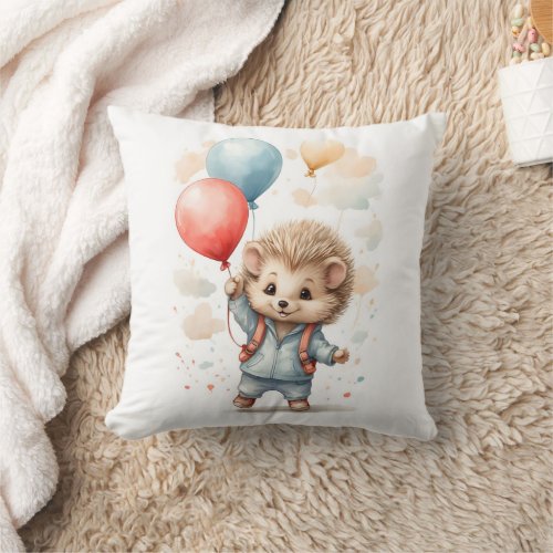 Cute Watercolor Hedgehog Floating in Air Nursery  Throw Pillow