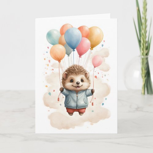 Cute Watercolor Hedgehog Floating in the Air Blank Card