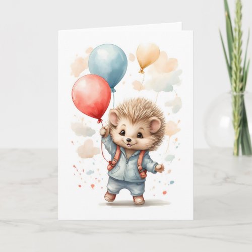 Cute Watercolor Hedgehog Floating in the Air Blank Card