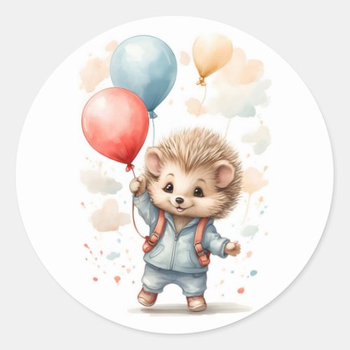 Cute Watercolor Hedgehog Floating Through Air  Classic Round Sticker