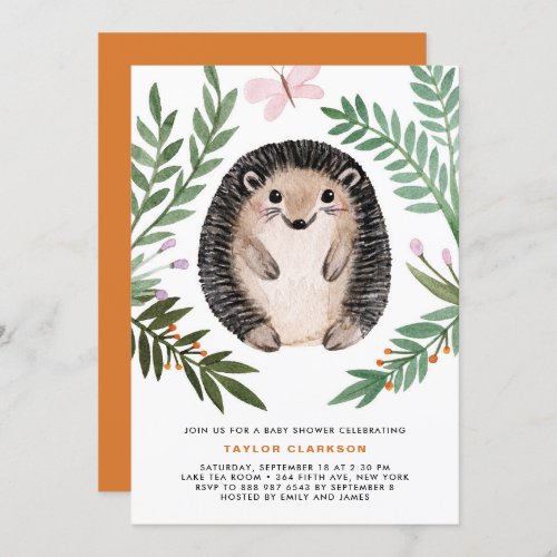 Cute Watercolor Hedgehog Greenery Baby Shower Invitation