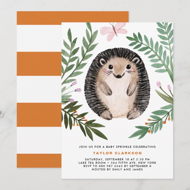Cute Watercolor Hedgehog Greenery Baby Sprinkle Invitation (Front/Back)