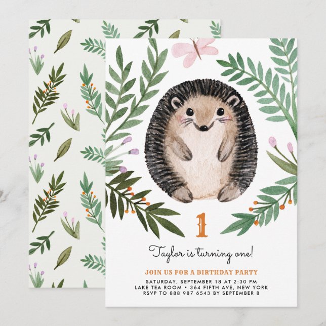 Cute Watercolor Hedgehog Greenery First Birthday Invitation (Front/Back)