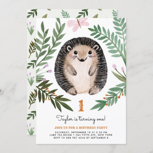 Cute Watercolor Hedgehog Greenery First Birthday Invitation