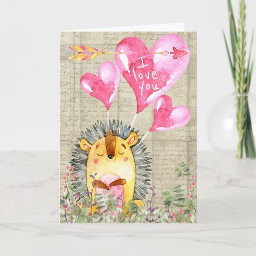 Cute Watercolor Hedgehog Happy Valentines Day Holiday Card
