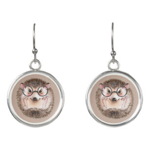 Cute watercolor hedgehog in glasses earrings