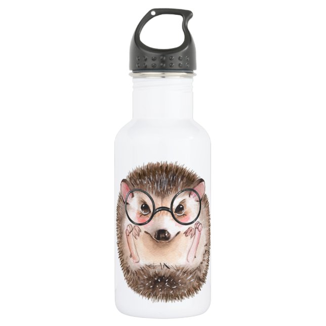 Cute watercolor hedgehog in glasses stainless steel water bottle (Front)