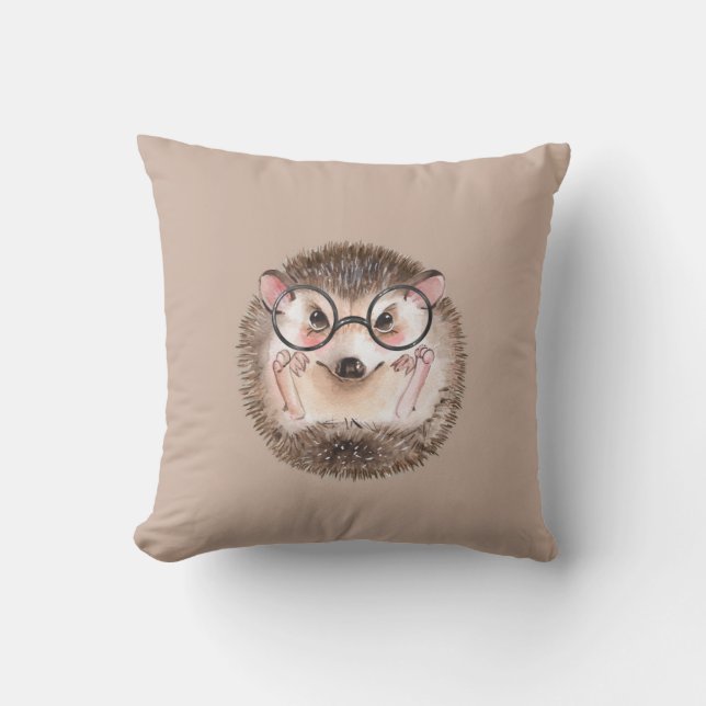 Cute watercolor hedgehog in glasses throw pillow (Front)