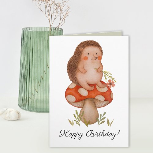 Cute Watercolor Hedgehog On A Mushroom Birthday Card