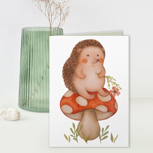 Cute Watercolor Hedgehog On A Mushroom Birthday Card