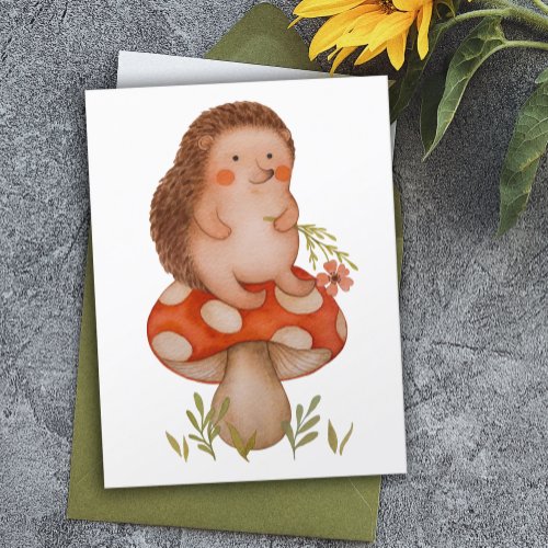 Cute Watercolor Hedgehog On A Mushroom Birthday Postcard
