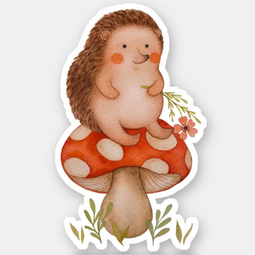 Cute Watercolor Hedgehog On A Mushroom Sticker