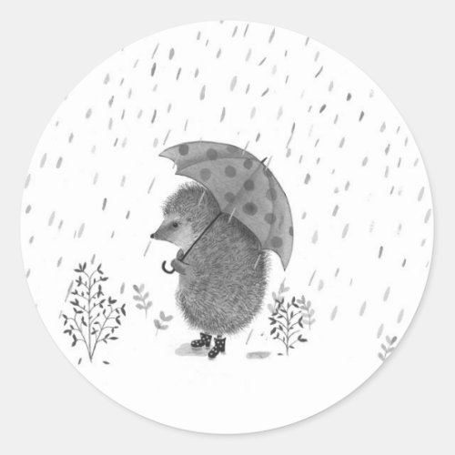 Cute Watercolor Hedgehog Rainy Day Whimsical   Classic Round Sticker