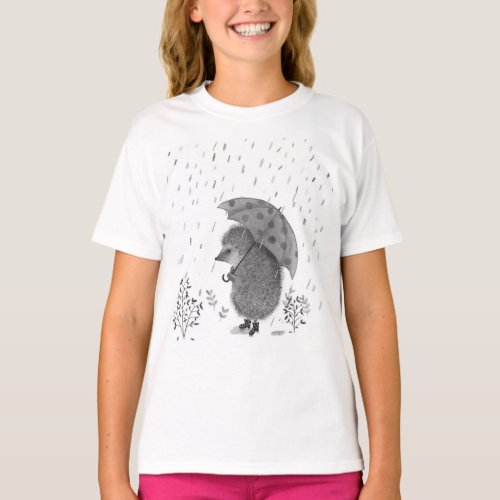 Cute Watercolor Hedgehog Rainy Day Whimsical Girl T_Shirt