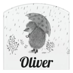 Cute Watercolor Hedgehog Rainy Day Whimsical Kids Door Sign