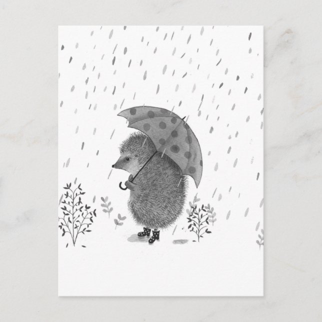 Cute Watercolor Hedgehog Rainy Day Whimsical  Postcard (Front)