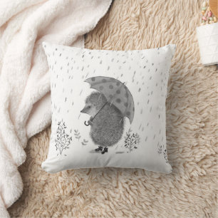 Cute Watercolor Hedgehog Rainy Day Whimsical Throw Pillow