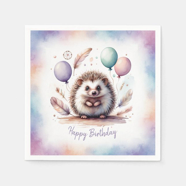 Cute Watercolor Hedgehog with Balloons Birthday  Napkins (Front)