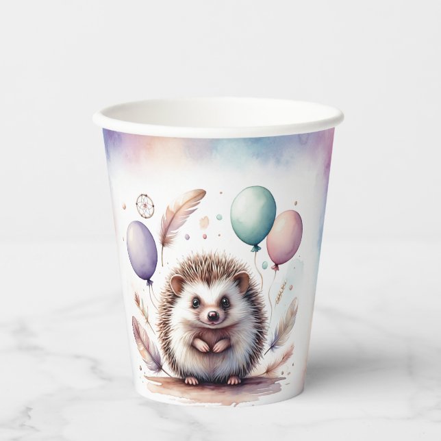 Cute Watercolor Hedgehog with Balloons Birthday Paper Cups (Front)