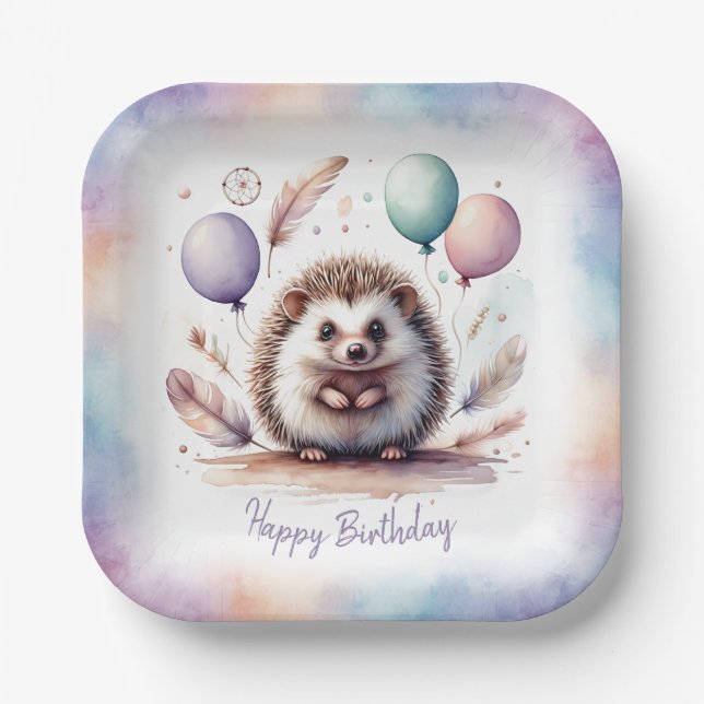 Cute Watercolor Hedgehog with Balloons Birthday  Paper Plates (Front)